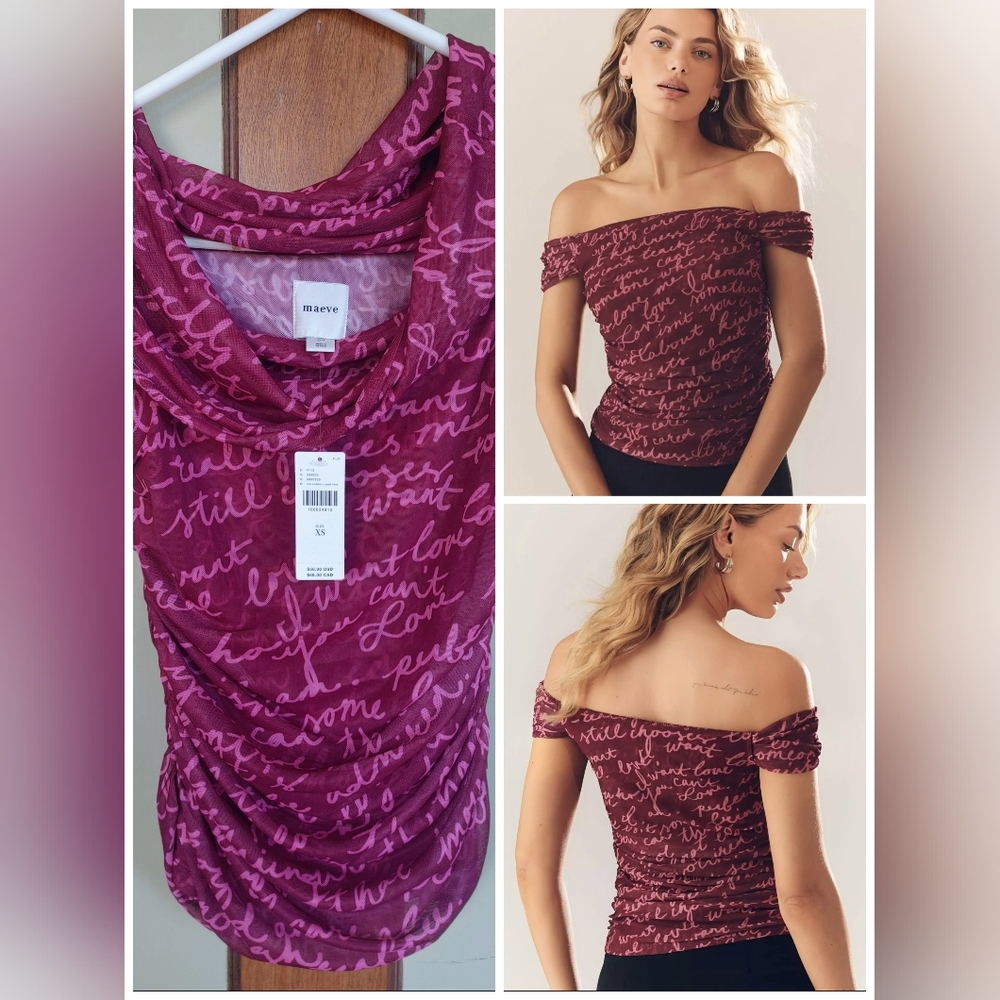 💝NWT! Anthropologie: Maeve Romantic Ruched Script Top, XS, Date Night Ready!